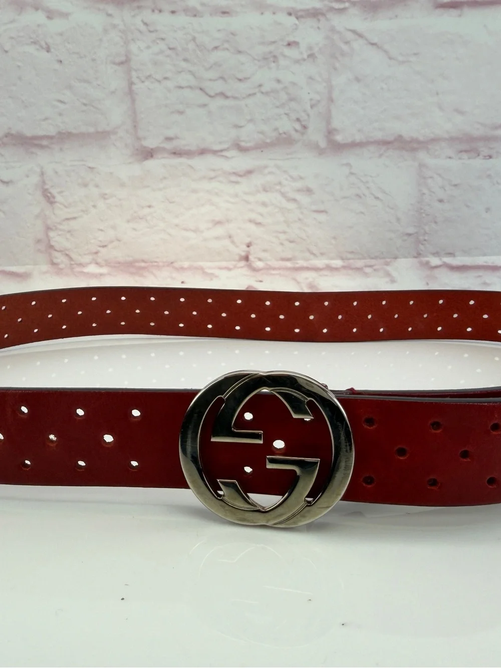 Gucci Red Perforated Leather Interlocking Belt 90/36 114874